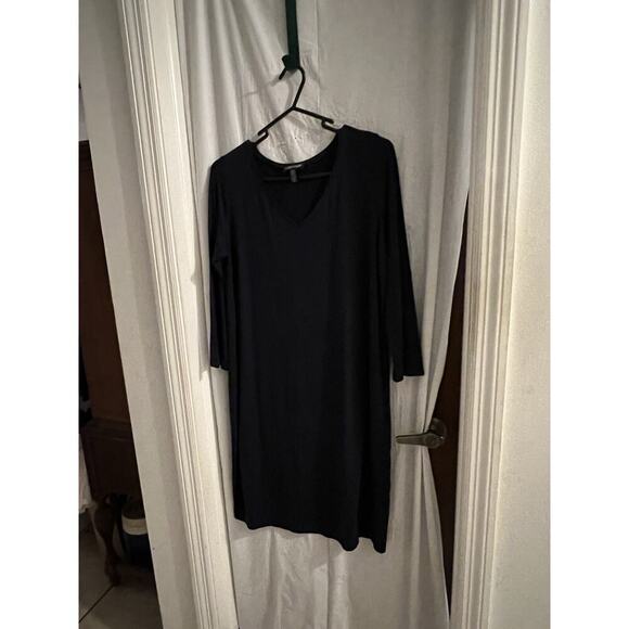 Eileen Fisher Navy Blue V Neck Viscose Jersey Knit Shift T Shirt Dress Sz S - Picture 2 of 6